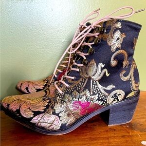 Unbranded Metallic Embroidered Retro Floral Lace Up‎ Boho Ankle Boots Sz 40